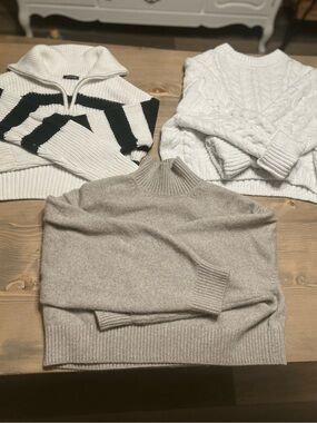 Zara Neutral & Black Cowl, White Cable, Taupe Turtleneck Sweater Trio